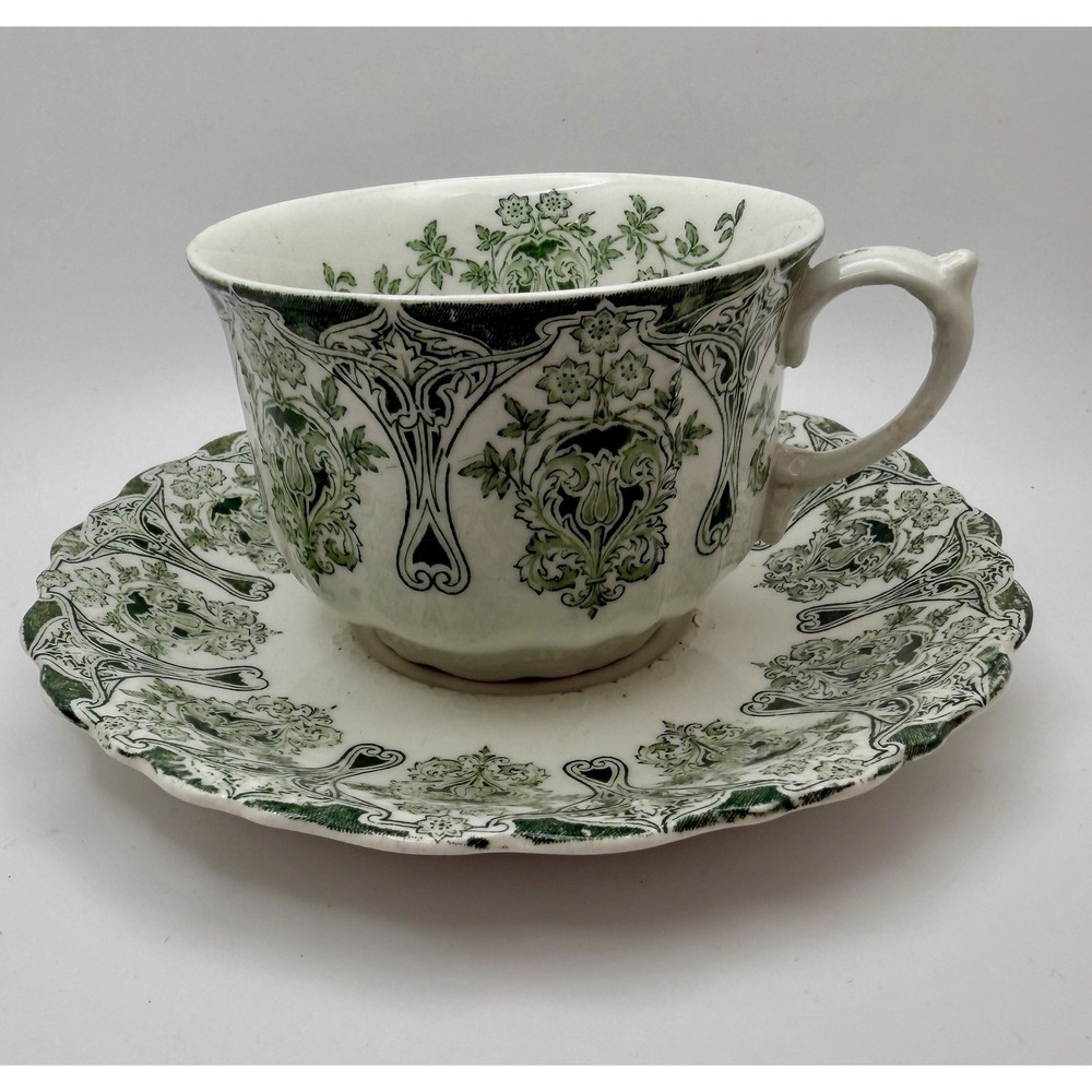 Antique J&G Meakin Genoa Green Transferware Cup & Saucer Set Art Nouveau 6"